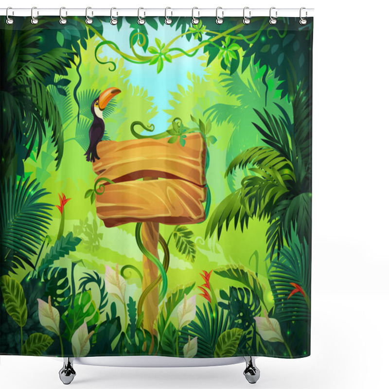 Personality  Cartoon Jungle Background. Tropical Forest Nature Frame, Game Screen With Wooden Panel And Green Exotic Leaves. Vector Signboard Shower Curtains