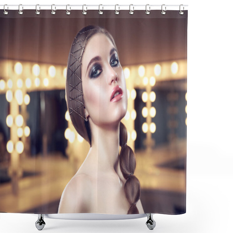 Personality  Beauty Woman With Perfect Skin And Elegant Hairstyle In Dressing Room. Mirror Lamps Lights. Self Care. Girl Pigtailed. Fashion Makeup. Shower Curtains