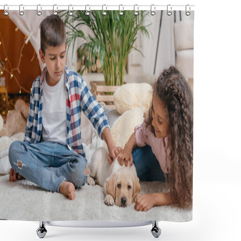 Personality  Multicultural Children With Labrador Puppy Shower Curtains