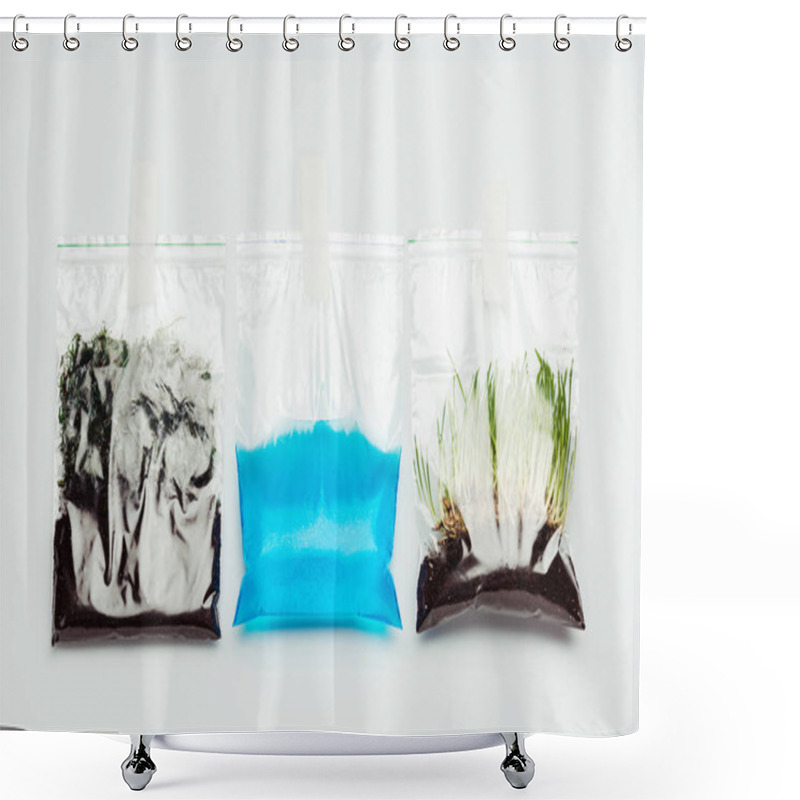 Personality  Plastic Bags With Soil, Water And Seedling Hanging Isolated On White, Earth Day Concept Shower Curtains