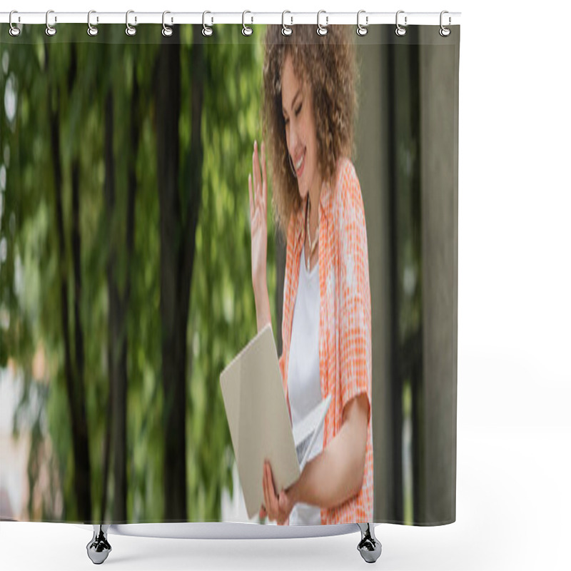 Personality  Cheerful Woman Smiling While Waving Hand During Video Call On Laptop In Green Park, Banner  Shower Curtains