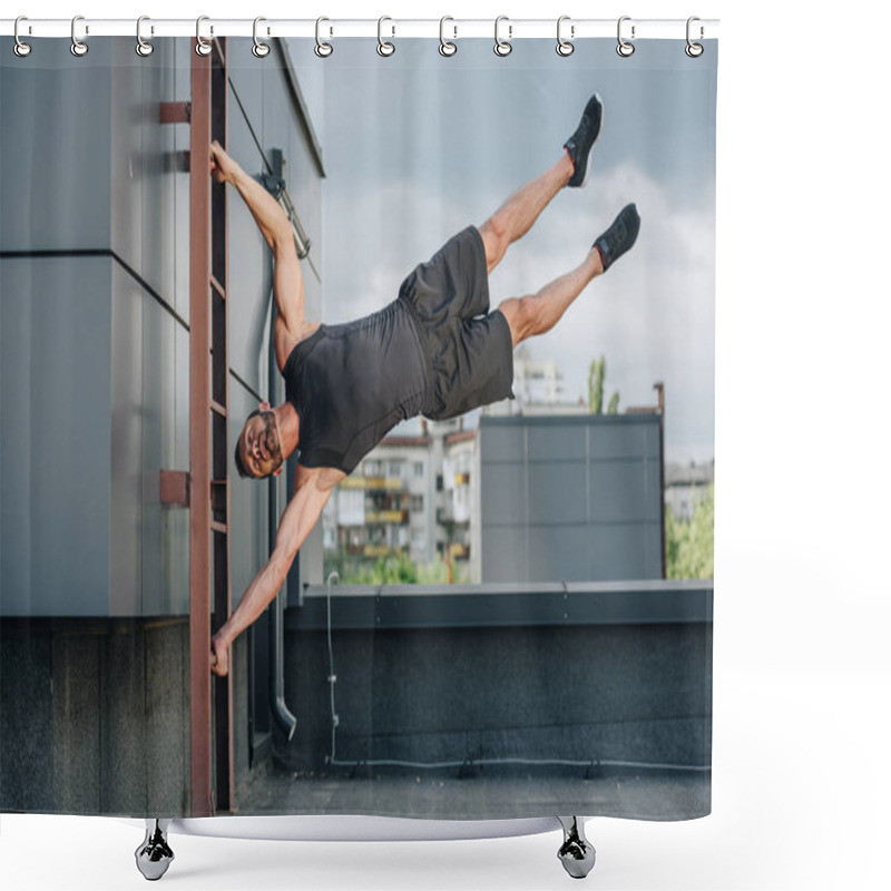 Personality  Handsome Strong Sportsman Training With Ladder On Roof Shower Curtains