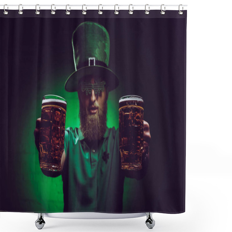 Personality  Close-up View Of Bearded Man In Green Irish Hat Holding Glasses Of Beer  Shower Curtains