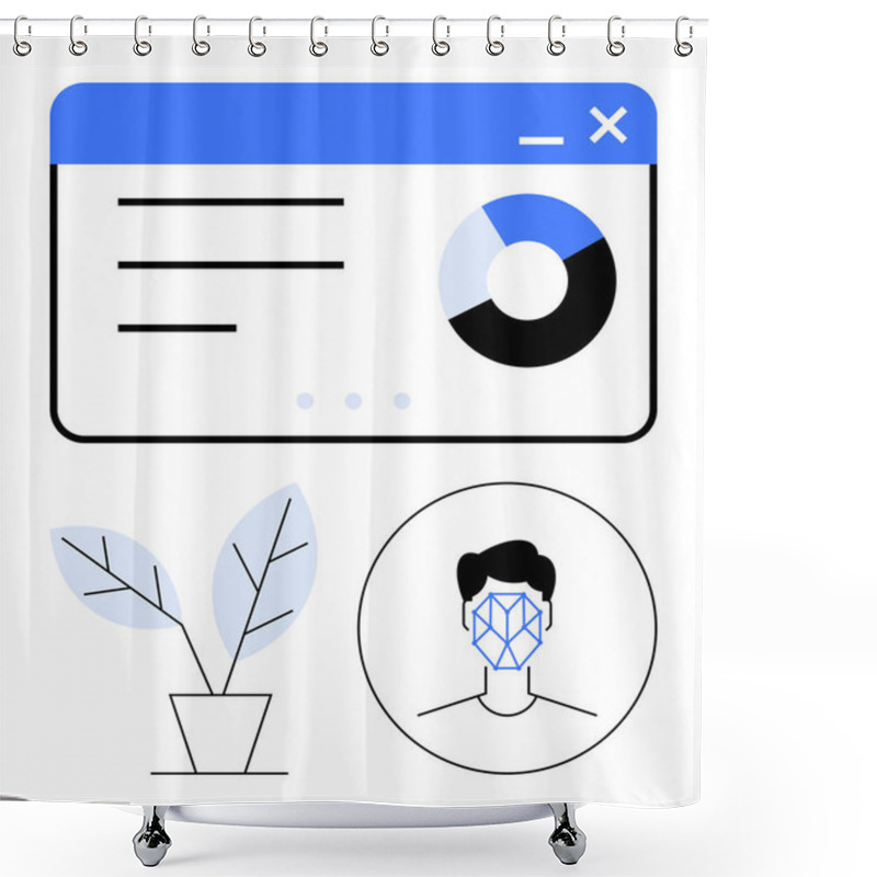 Personality  Data Interface With Pie Chart, Facial Recognition Network On A User Silhouette, And A Minimal Potted Plant. Ideal For Analytics, AI, Biometrics, Eco-tech, Innovation, UXUI Abstract Line Flat Shower Curtains