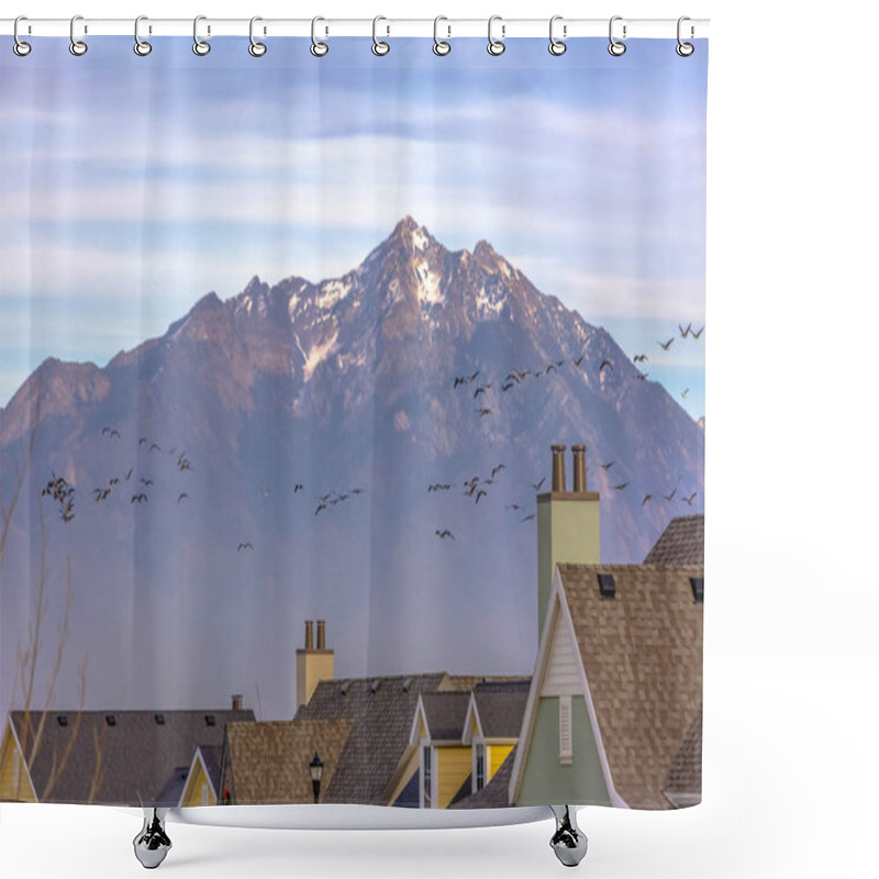 Personality  Homes And Birds Against Mount Timpanogos And Sky Shower Curtains