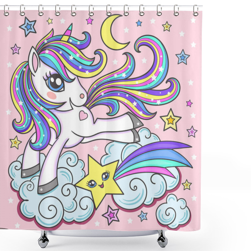 Personality  Cute Magical Unicorn Clouds In The Sky. Romantic Hand Drawing Illustration For Children. Vector Shower Curtains