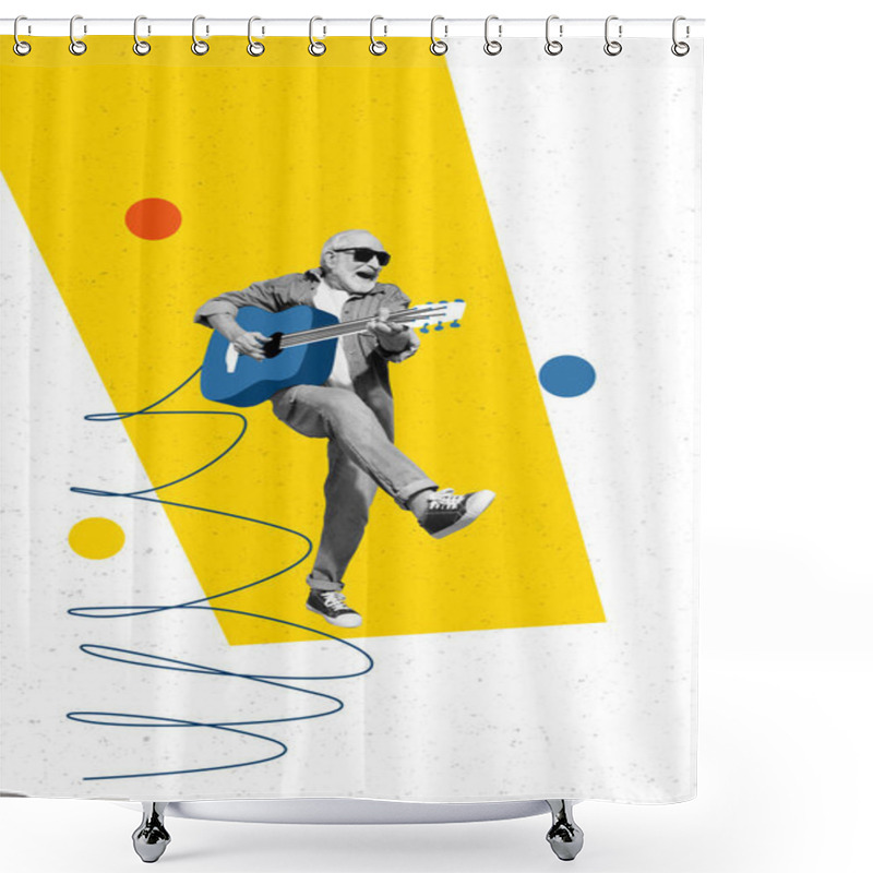 Personality  Creative 3d Photo Vertical Graphics Collage Painting Of Excited Funky Mature Guy Playing Guitar Isolated Drawing Background. Shower Curtains