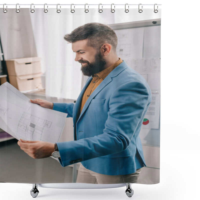 Personality  Side View Of Smiling Adult Male Architect In Blue Formal Wear Holding Blueprint, Using Flip Chart And Working On Project In Office Shower Curtains