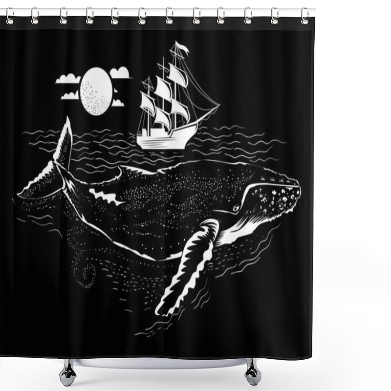 Personality  Whale Illustration Under The Water. Small Ship Above Shower Curtains