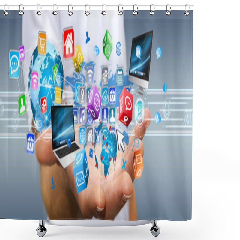 Personality  Businessman Holding Multimedia Tech Devices In His Hand Shower Curtains