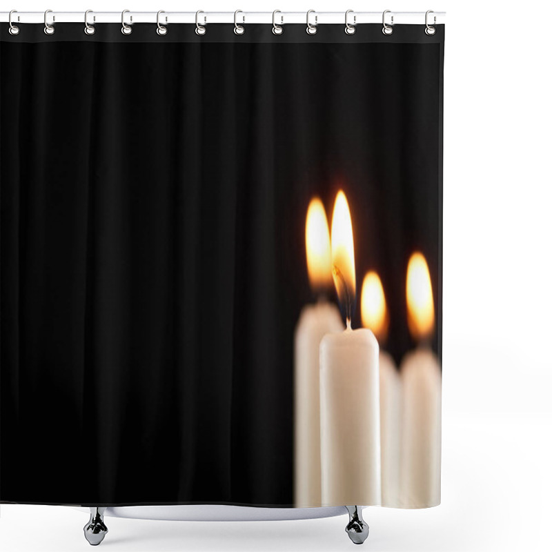 Personality  Selective Focus Of Burning White Candle Glowing Isolated On Black Shower Curtains