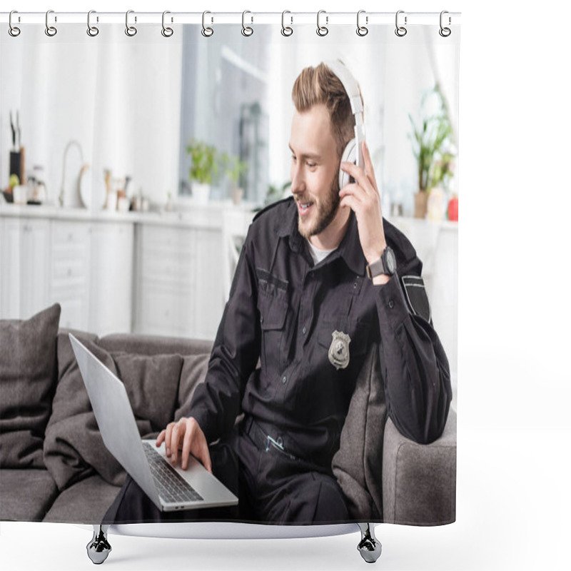 Personality  Handsome Police Officer Headphones Sitting On Couch And Using Laptop Shower Curtains