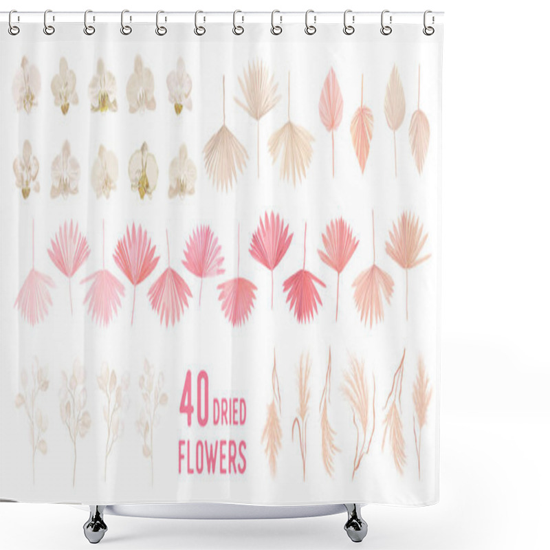 Personality  Dried Pampas Grass, Lunaria Flowers, Orchid, Tropical Palm Leaves Vector Bouquets. Pastel Watercolor Floral Template Shower Curtains