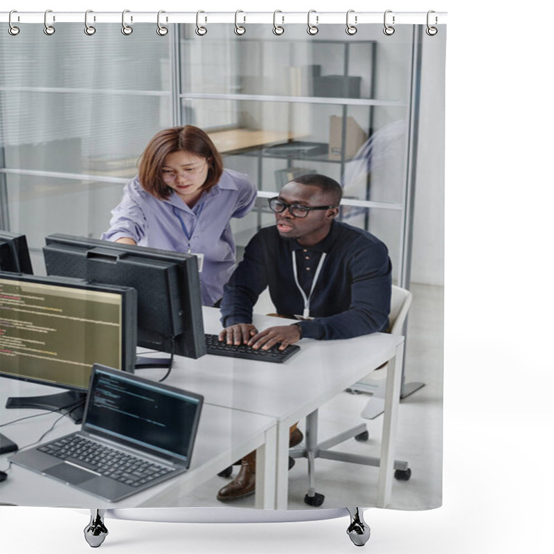 Personality  High Angle View Of Young Colleagues Working Over New Software In Team, They Reading Codes On Computer Monitor Shower Curtains