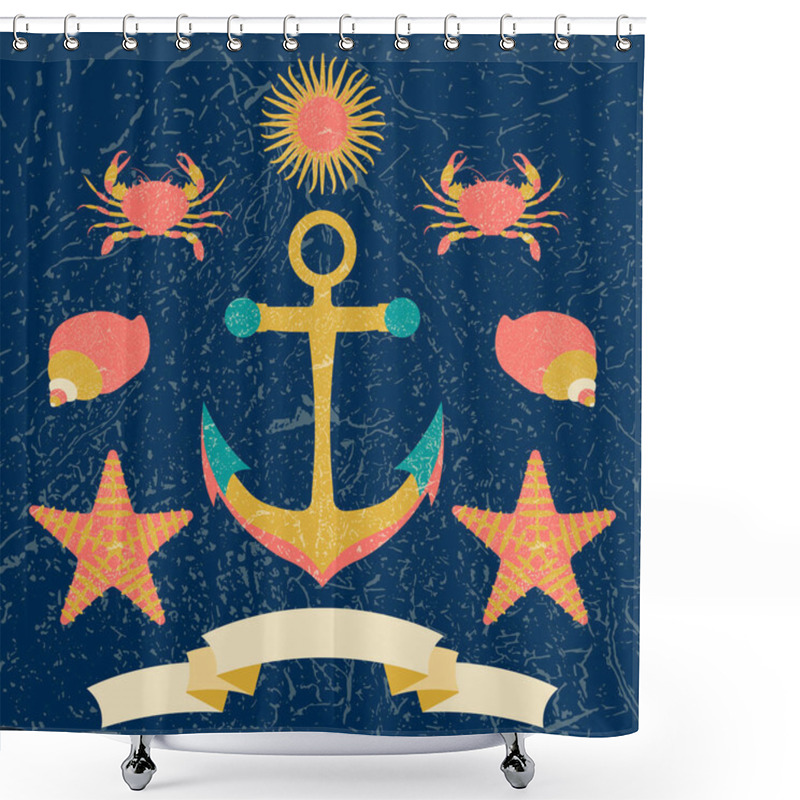 Personality  Nautical Marine Circle Children Poster. Cartoon Style With Grunge Effects Shower Curtains