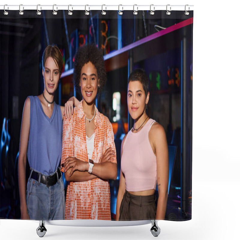 Personality  A Stylish Group Of Women With Radiant Smiles And Fashionable Clothing Gather For A Fun Night Out Shower Curtains