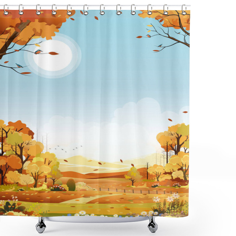 Personality  Autumn Landscape Of Farm Field With Blue Sky Background, Fall Season In Countryside With Cloudy Sky And Sun, Mountain, Grass Land In Orange Foliage,Vector Banner For Autumnal Backdrop Shower Curtains