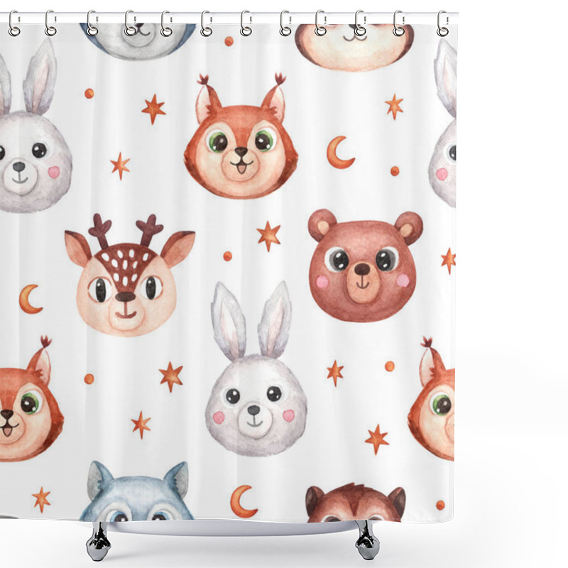 Personality  Seamless Pattern With Face Or Head Of Cute Animals. Woodland Animals Wolf, Squirrel, Bear, Rabbit, Deer, Chipmunk, With Moon And Stars. Watercolor Illustration In Cartoon Style For Kids Shower Curtains