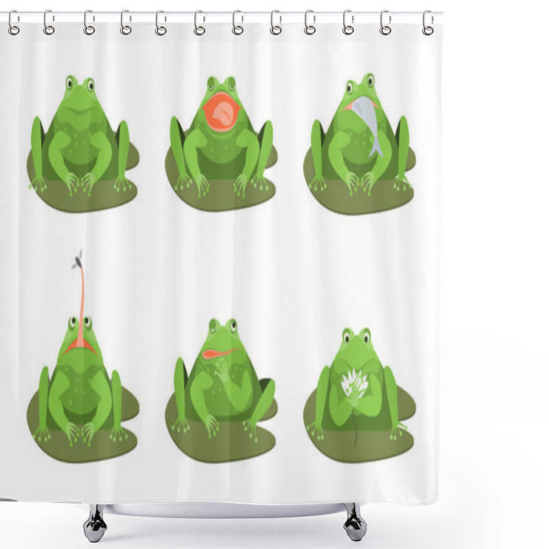 Personality  Cartoon Cute Green Frogs Characters Icon Set. Vector Shower Curtains