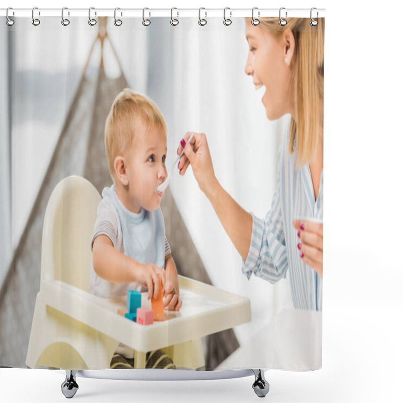 Personality  Happy Mom Feeding Son In Highchair With Baby Food  Shower Curtains