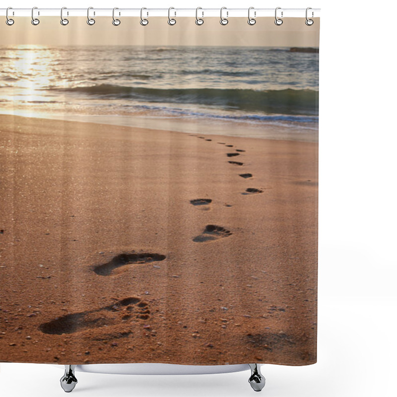 Personality  Beach, Wave And Footsteps At Sunset Time  Shower Curtains