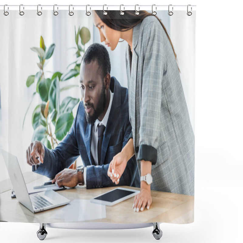 Personality  African American Businessman And Asian Businesswoman Looking At Laptop In Office Shower Curtains