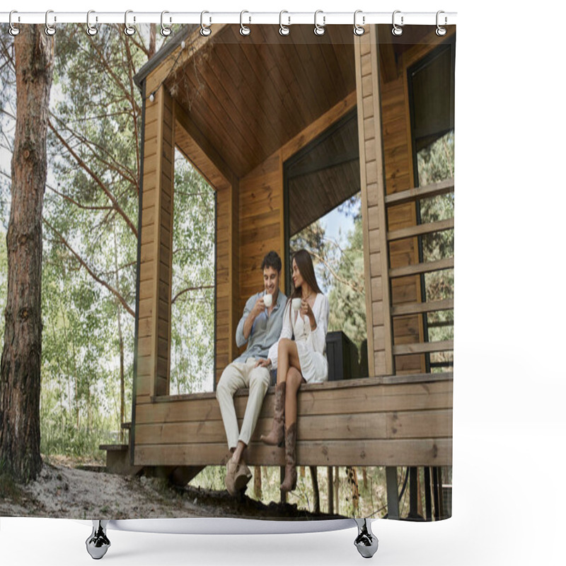 Personality  Happy Couple Holding Cups Of Coffee, Man And Woman Smiling On Porch Of Vacation House In Forest Shower Curtains