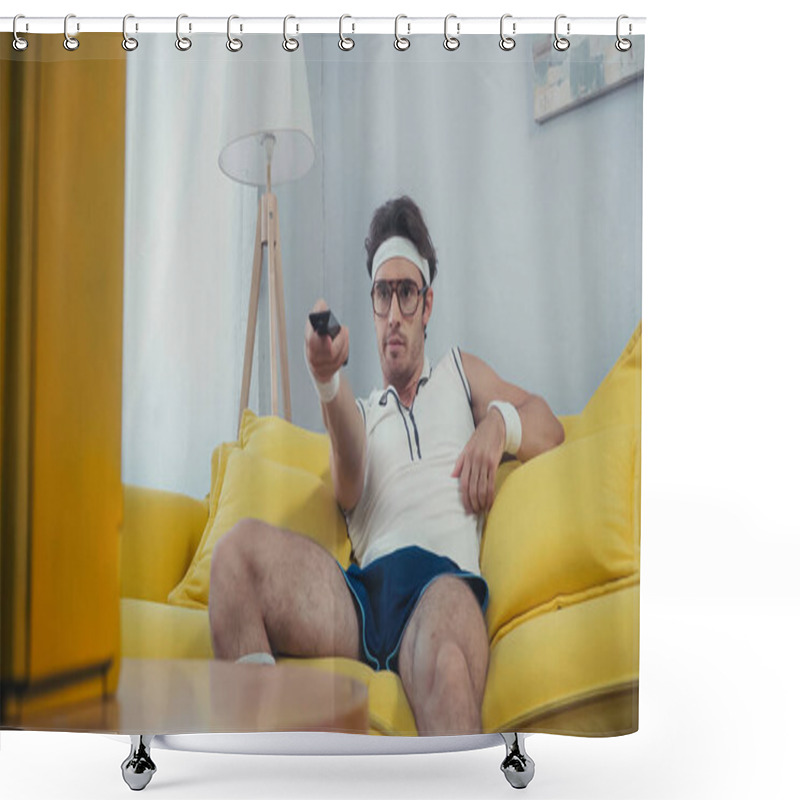 Personality  Man In Retro Sportswear Sitting On Yellow Sofa And Switching Channels  Shower Curtains