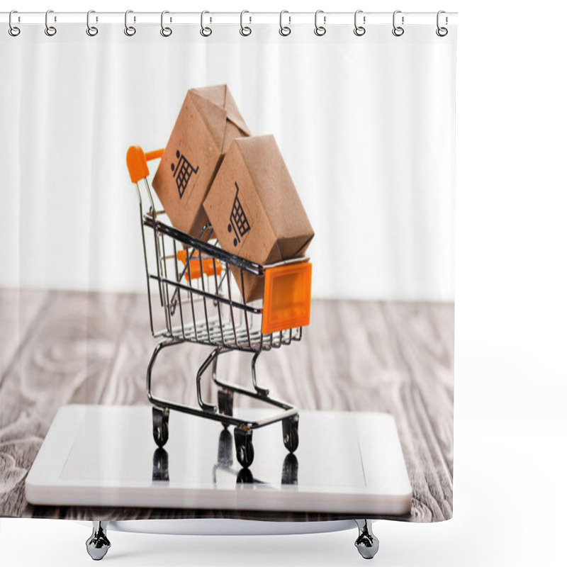 Personality  Toy Shopping Cart With Small Carton Boxes On Digital Tablet Isolated On White, E-commerce Concept Shower Curtains