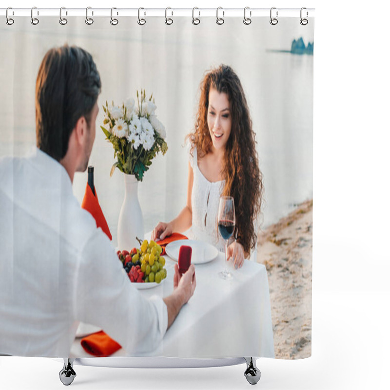 Personality  Man Making Propose With Ring To Attractive Woman In Romantic Date Outdoors Shower Curtains