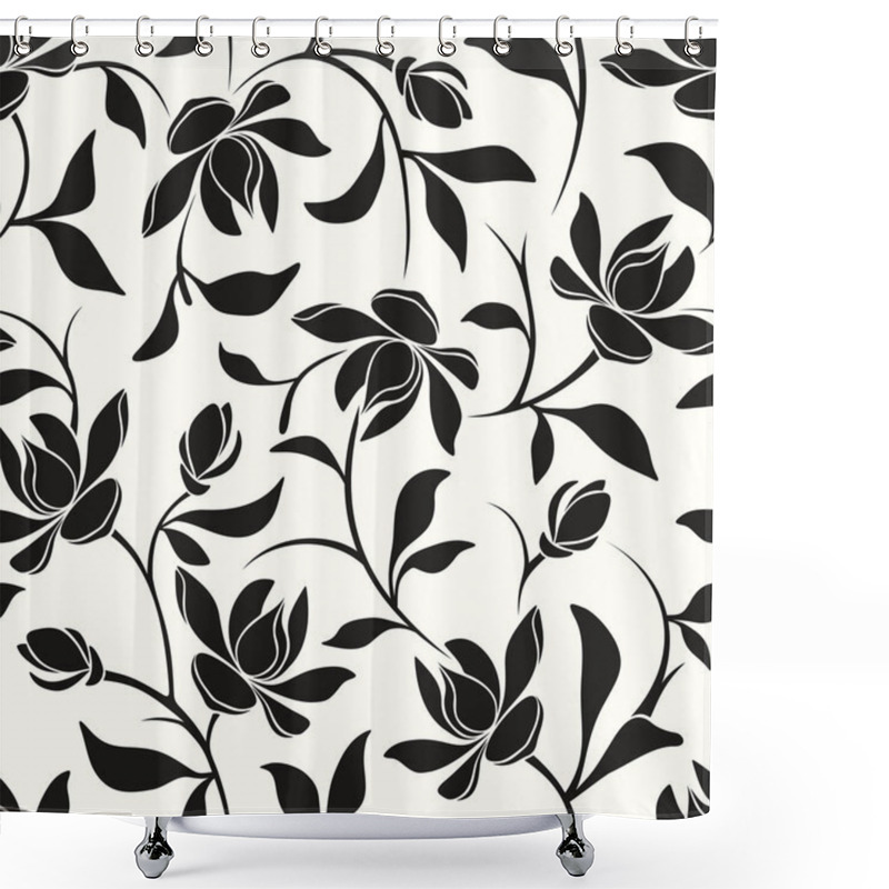 Personality  Seamless Black And White Floral Pattern. Vector Illustration. Shower Curtains