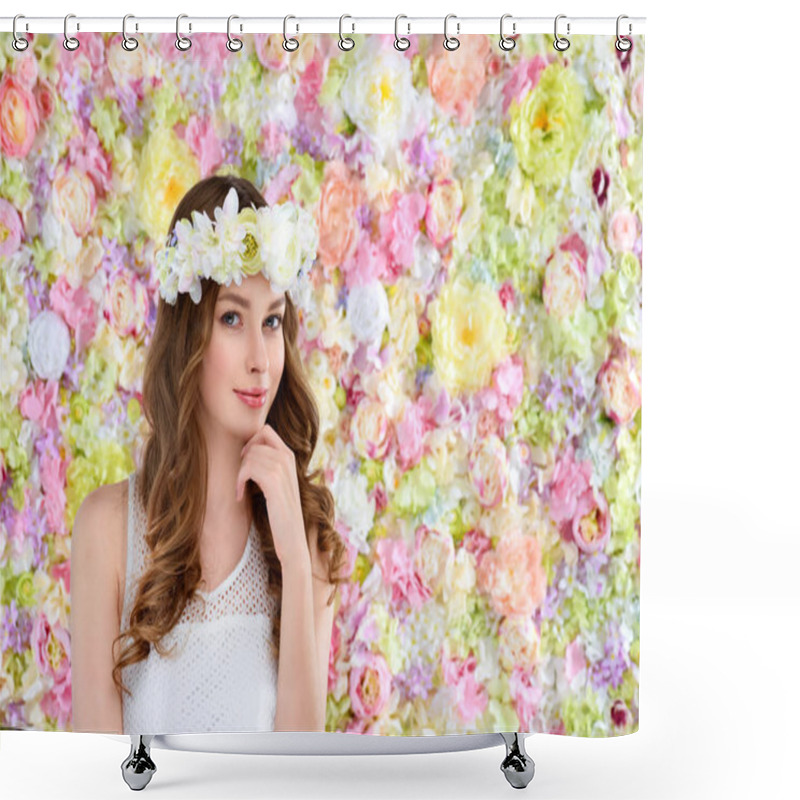 Personality  Attractive Young Woman In Floral Wreath Shower Curtains