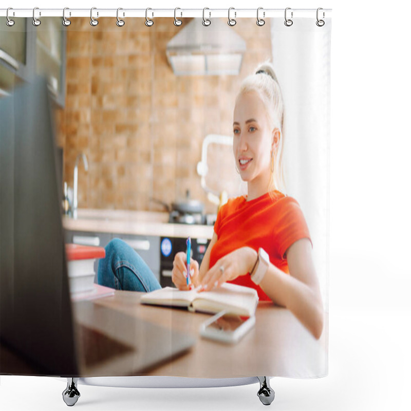 Personality  Young Freelancer Woman Works And Makes Notes While Working At Home In Quarantine Lockdown. Social Distancing. Self Isolation. Smiling Woman Working Online Or Studying And Learning While Using Notebook Shower Curtains