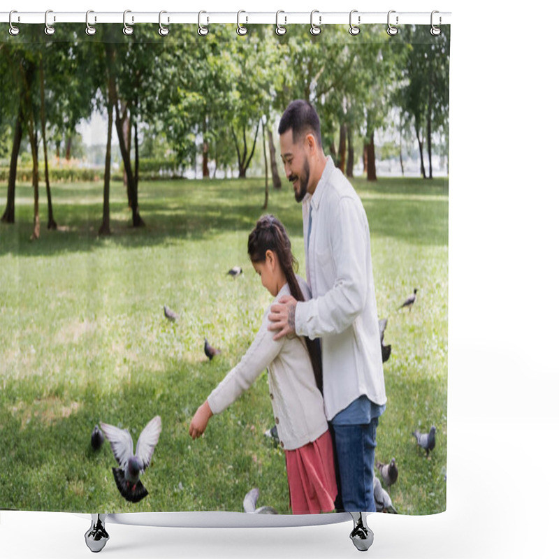 Personality  Asian Dad Hugging Daughter Near Birds In Summer Park  Shower Curtains