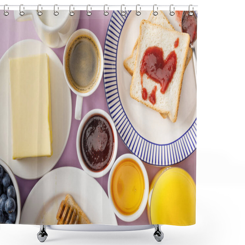 Personality  Top View Of Table Setting Foe Breakfast On Violet Background Shower Curtains