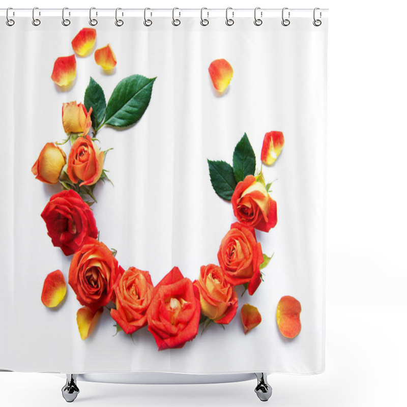 Personality  Flowers Composition. Frame Made Of Red  Roses And Leaves On White Background. Top View, Flat Lay, Copy Space Shower Curtains