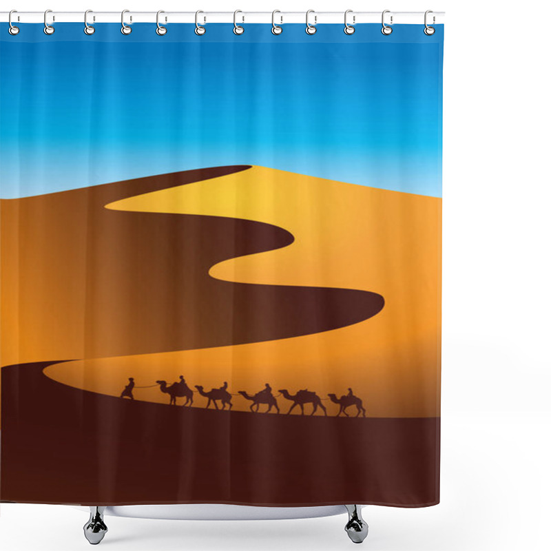 Personality  Camel Caravan Goes Through The Desert Landscape. Vector Illustration Of Sahara Or Namibia Desert. Shower Curtains