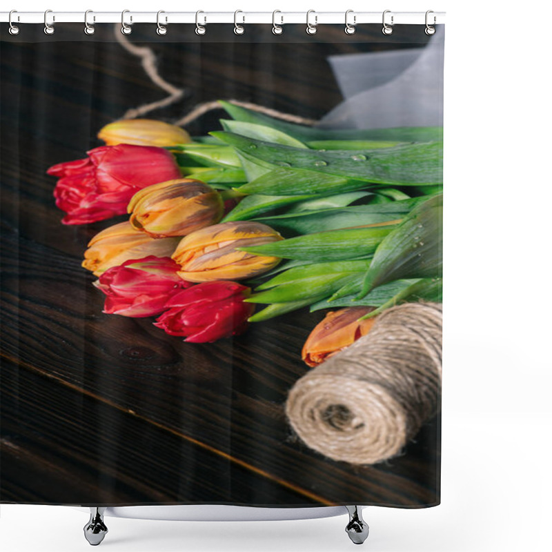 Personality  Close Up View Of Bouquet Of Tulips And Rope On Wooden Tabletop Shower Curtains