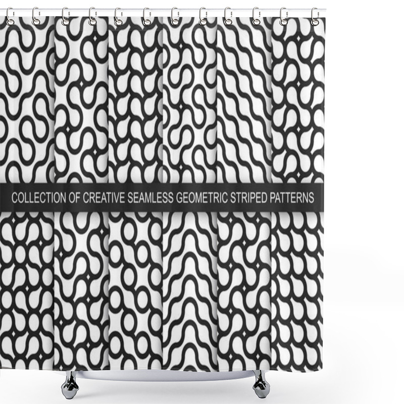 Personality  Collection Of Striped Seamless Geometric Wavy Patterns. Black And White Curly Textures. Endless Monochrome Backgrounds Shower Curtains