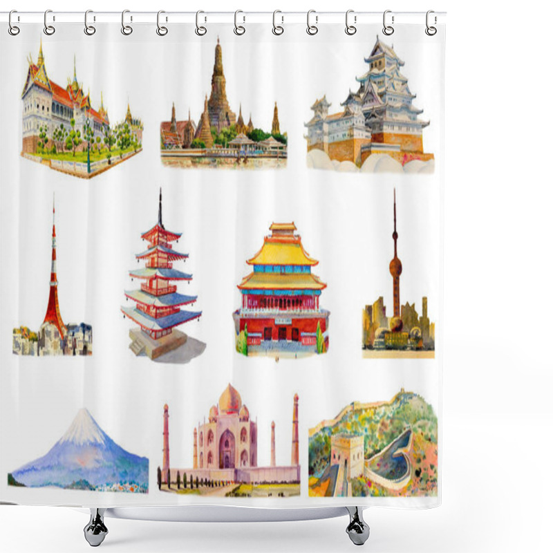 Personality  Paintings Landmark Travel Around The World And Sights. Famous Landmarks Of The World Grouped Together. Watercolor Hand Drawn Painting Illustration, Landmarks Of Asia On White Background, Popular Tourist Attraction. Shower Curtains