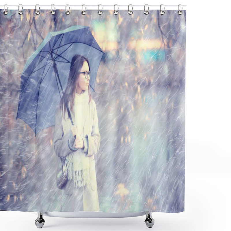 Personality  Autumn Raindrops Model / Rain Weather, Girl Autumn Look, Splashes And Raindrops In The Wind, October In The City Shower Curtains