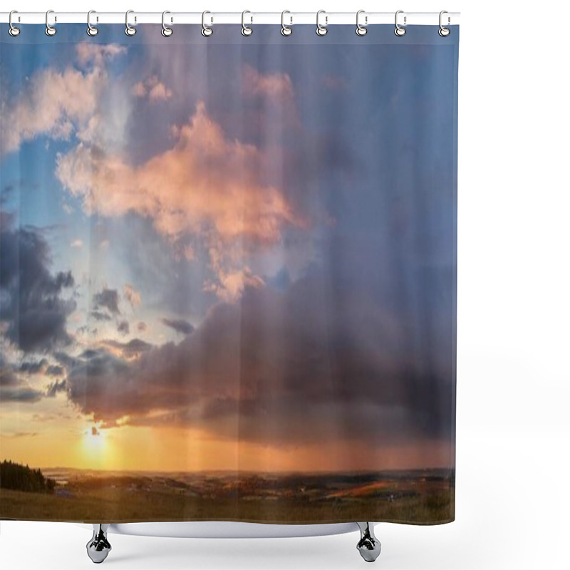 Personality  A Dramatic Sunset Paints The Sky With Vibrant Hues, As Dark Clouds Linger After A Rain Shower Over A Vast, Rolling Landscape Shower Curtains