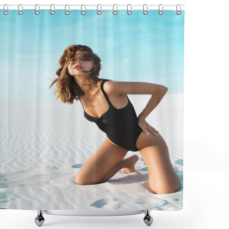 Personality  Sexy Beautiful Woman In Black Swimsuit Posing On Sandy Beach With Blue Sky Shower Curtains