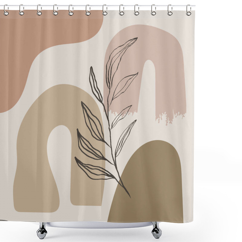 Personality  Abstract Design Combining Curved Shapes And Linear Botanical Details In Pastel Beige, Peach, And Olive Green Tones, Evoking Balance And Natural Beauty. Shower Curtains