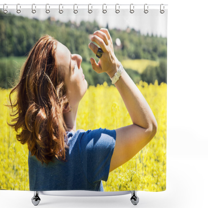 Personality  Young Woman In Yellow Rapeseed Field, Sunlight, Rear View Shower Curtains