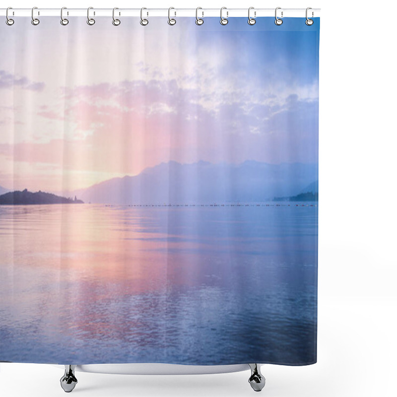 Personality  Pink And Blu Sunset In The Sea On A Background Of Mountains Shower Curtains