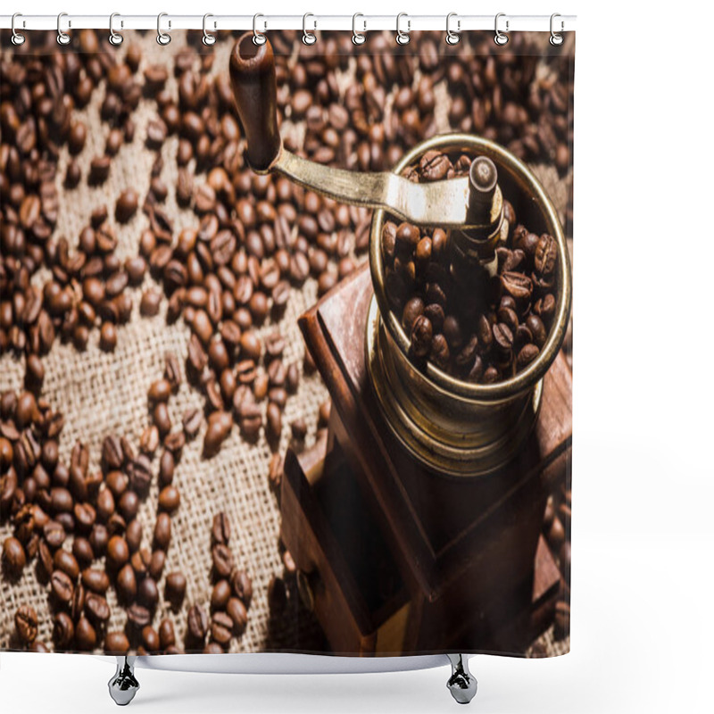 Personality  Close-up Shot Of Coffee Grinder On Sackcloth Spilled With Coffee Beans Shower Curtains