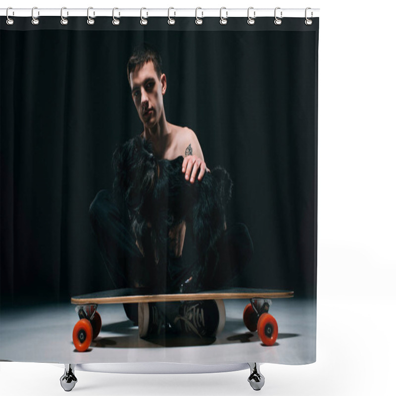 Personality  Man With Tattoos Stroking Black Dog On Longboard On Dark Background Shower Curtains