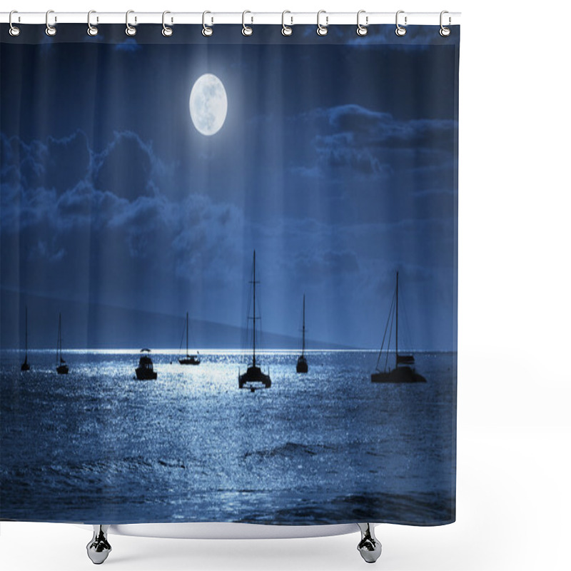 Personality  This Dramatic Photo Illustration Of A Nighttime Sky Over A Calm Ocean Scene In Maui, Hawaii With Brightly Lit Clouds, A Large, Full, Blue Moon, Calm Waves, And Sparkling Reflections Would Make A Great Background For Many Travel Or Vacation Uses Shower Curtains