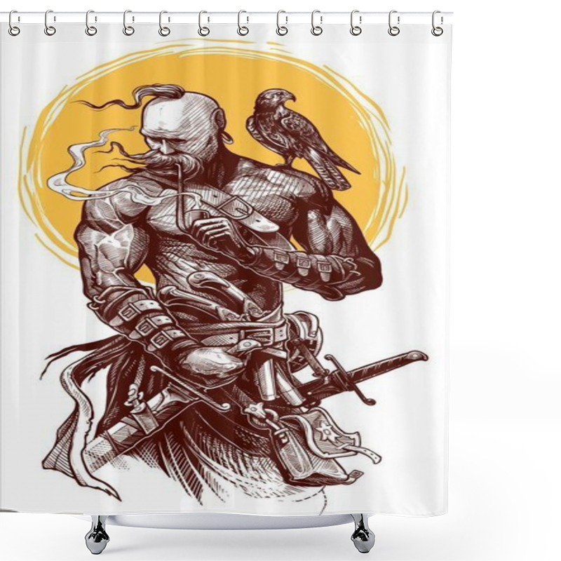 Personality  Graphic Detailed Ukrainian Cossack Warrior With Hawk Smoking Pipe And Holding Sword. Vector With Yellow Sun On Background. Shower Curtains